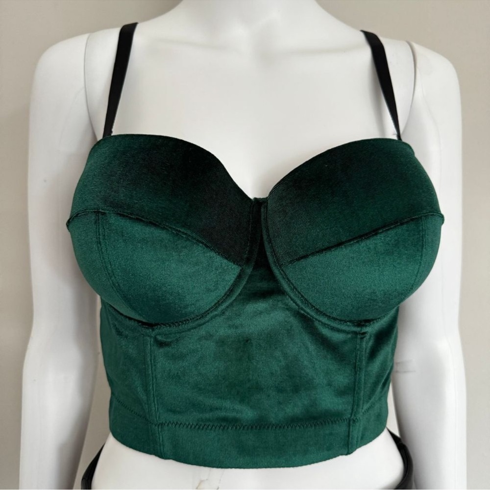 Micas Emerald Green Velvet Bustier Crop Top Corset Style Padded Cups Party